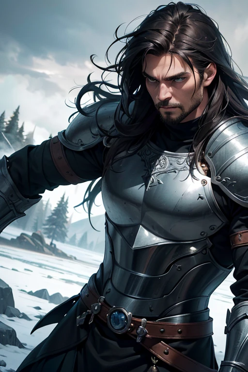A muscular Nordic warrior, dark-haired man with long hair, partial armor, dark fantasy anime style, (best quality,4k,8k,highres,masterpiece:1.2),ultra-detailed,(realistic,photorealistic,photo-realistic:1.37),detailed face, penetrating eyes, chiseled features, rugged skin, dynamic pose, intricate armor details, moody lighting, deep shadows, muted color palette, dramatic scene