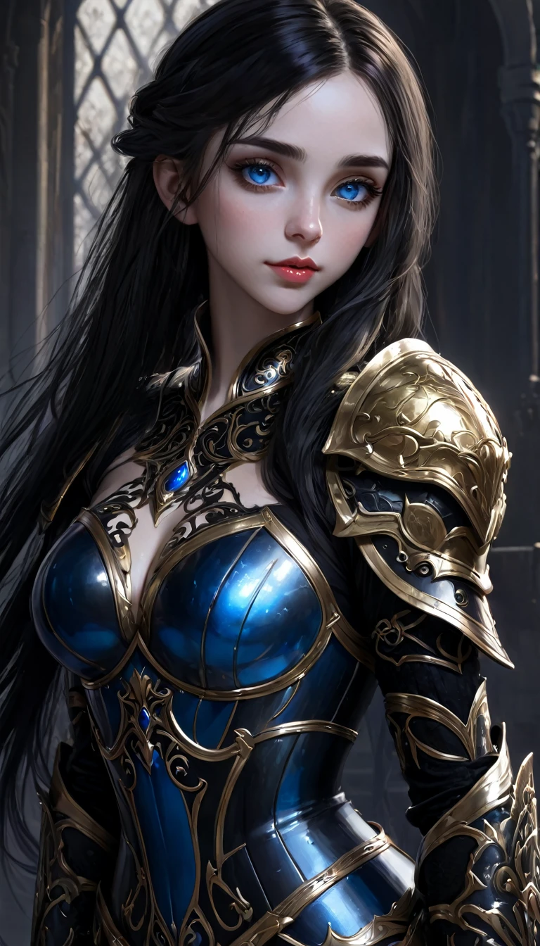 Woman, 1girl, Blue eyes, red lips, Black armor with Golden details, full body, very aesthetic, natural light, intricate, masterpiece, absurdres, best quality, extremaly detailed eyes, gothic, elf, ((long hair)), ((black hair)), underboobs, illuminated background,