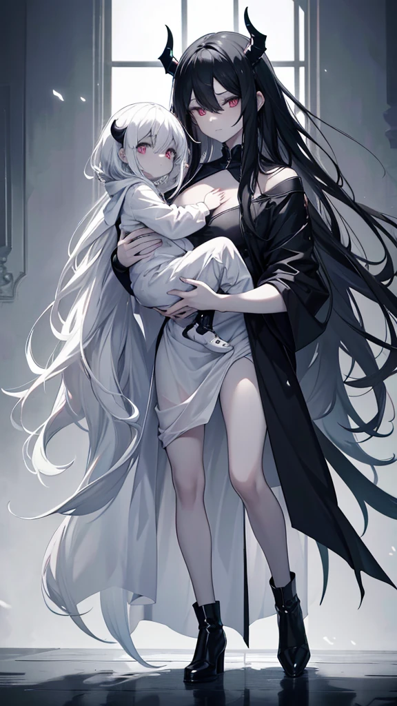 [[2images]] 1a full body image of the most attractive and gorgeous female demon her skin has the texture of porcelain, long black hair and eyes, holding a beautiful blonde hair  boy, both are looking to the sky, sadness in their faces, grey sky. High quality, 8k, ultra high res, High contrast and low saturation, (Anatomy-based character design).
