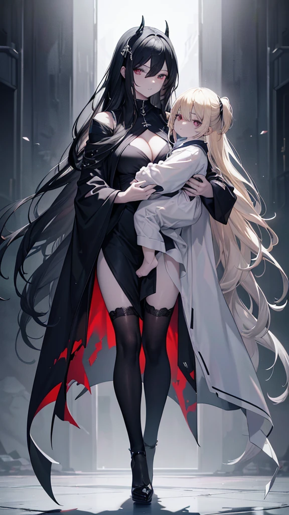 [[2images]] 1a full body image of the most attractive and gorgeous female demon her skin has the texture of porcelain, long black hair and eyes, holding a beautiful blonde hair baby boy, both are looking to the sky, sadness in their faces, grey sky. High quality, 8k, ultra high res, High contrast and low saturation, (Anatomy-based character design).