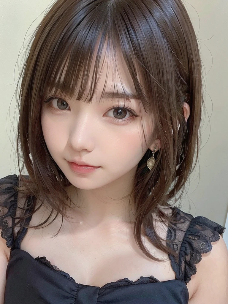 (highest quality, masterpiece), One girl, beautiful girl, Brown_eye, ((hair color [茶hair], [前hairありのピクシーカット] hair)), Earrings, lips, Short sleeve,Realistic, Tight waist, Charm, Colorful Makeup, Long eyelashes, Fair skin, (cute), (Detailed Face), 詳細ed eye, Detailed iris, 