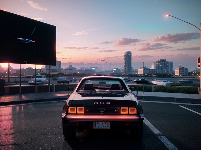 A {white|black|red|blue|pink) car is parked by the road :: pink sunset and city in the background :: 1980 :: Luxyry style :: Hyperdetailed : Ultra realistic :: cinematic :: Neon lighting :: Unreal engine :: RTX --ar 2:3, (VAZ2113),  