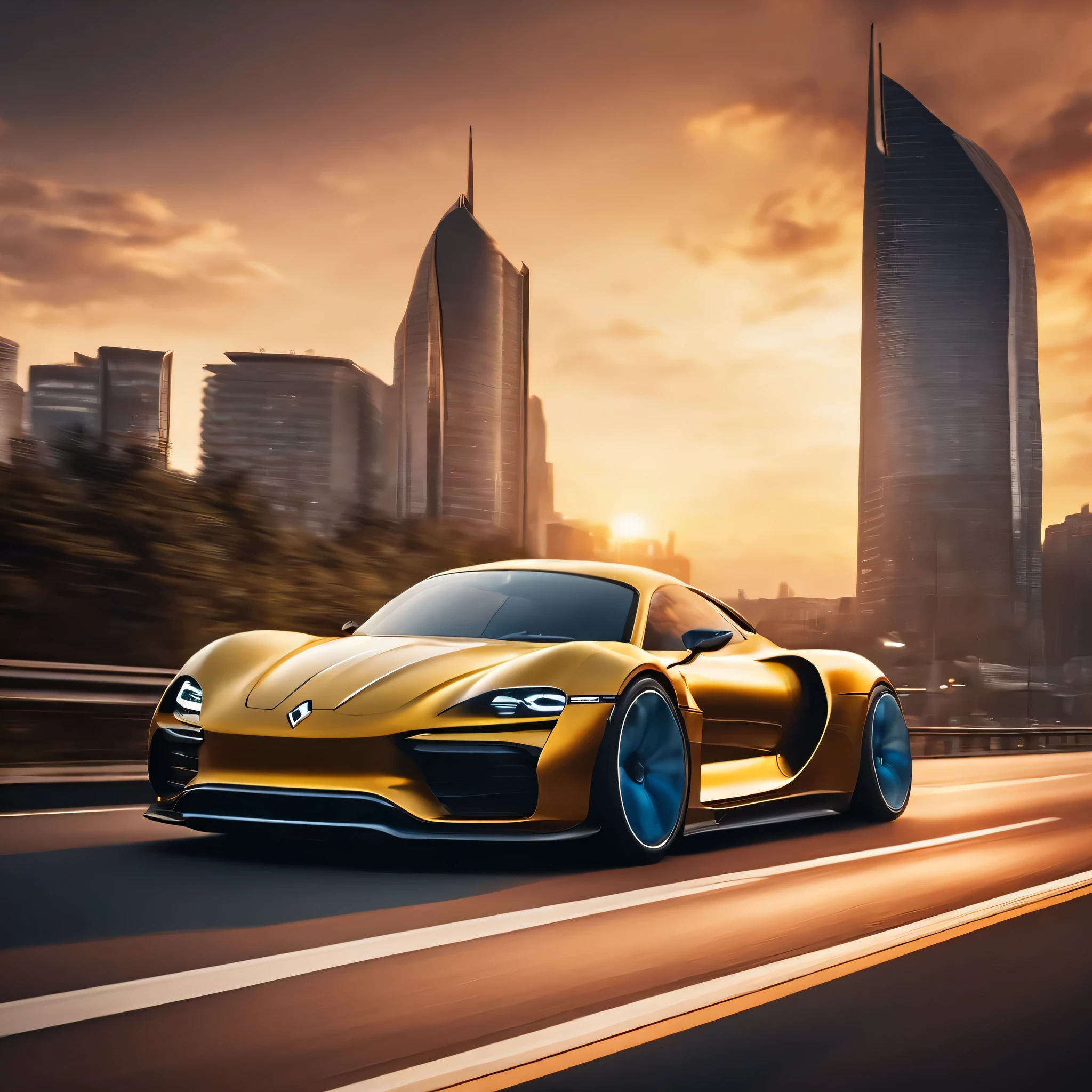 Renault and Porshe inspired car driving on the highway near a big city, ultra realiste.