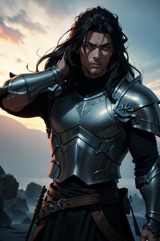 A muscular Nordic warrior, dark-haired man with long hair, partial armor, dark fantasy anime style, (best quality,4k,8k,highres,masterpiece:1.2),ultra-detailed,(realistic,photorealistic,photo-realistic:1.37),detailed face, penetrating eyes, chiseled features, rugged skin, dynamic pose, intricate armor details, moody lighting, deep shadows, muted color palette, dramatic scene