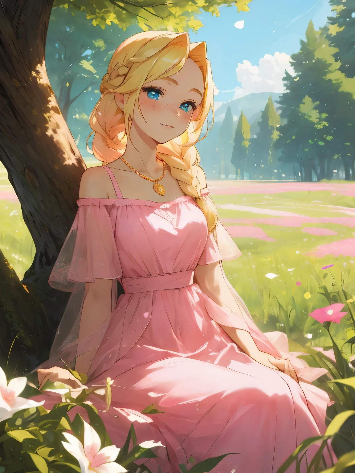 (masterpiece, best quality),1girl with braided blonde hair sitting in a field of green plants and flowers, woman with blonde hair and freckles is under a old tree, woman with a french braid, braided hair, one braid, woman sitting poses, woman in a pink beautiful dress, noble dress, womans face with freckles, off-the-shoulder pink dress, cute blonde braid, in the background is a flower tree, a meadow with flowers, many beauitiful green trees, pink princess dress, blue eyes, beautiful sky, beautiful womans face, adult, off-the-shoulder pink dress with a neckline, forest scene, light particles, fantasy, pink princess dress, golden necklace with a blue crystal, woman with golden accesoirs, adult womans face, young woman sitting poses, beautiful womans arms and hands