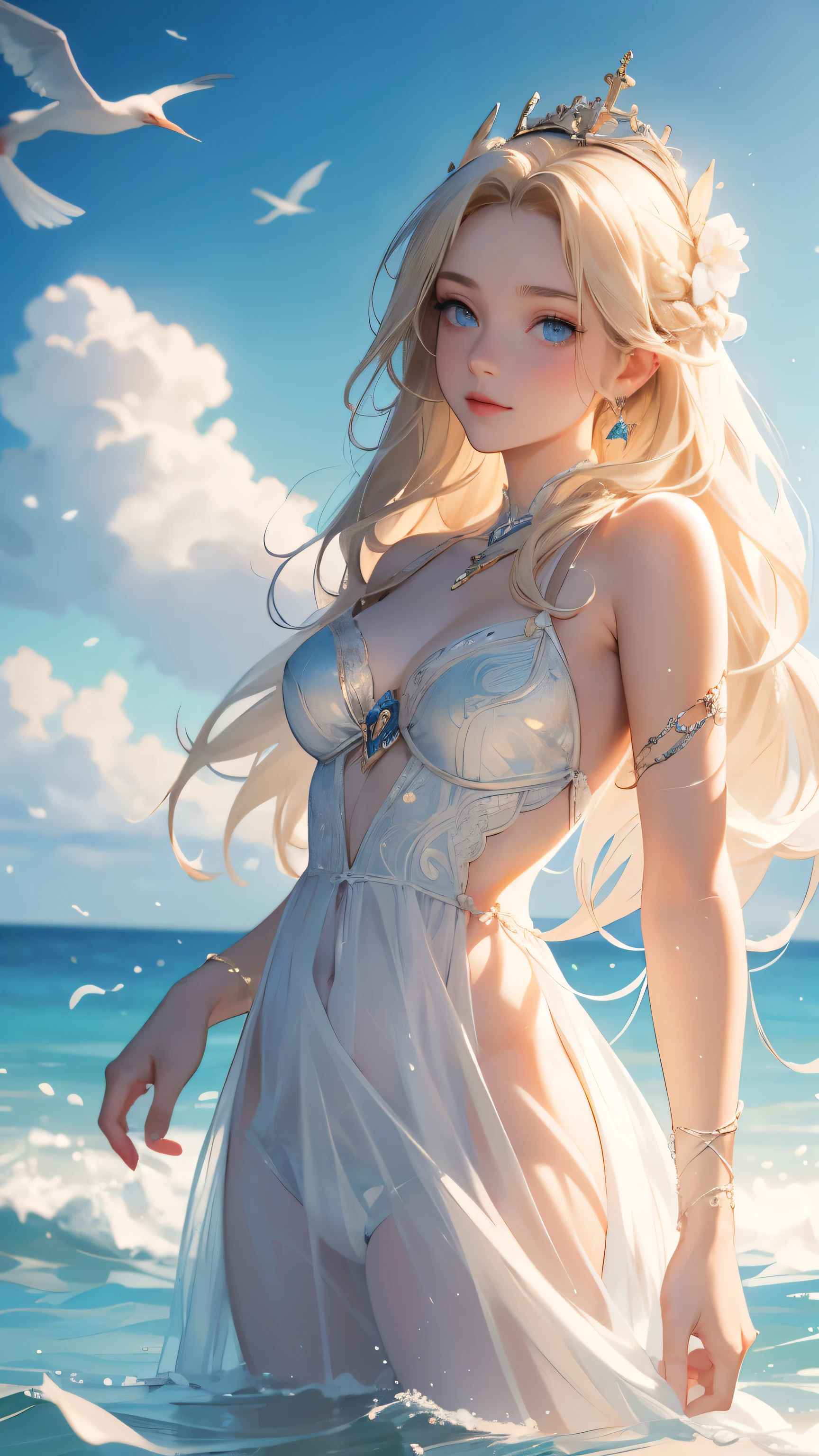 ,((highest quality))),8k,((masterpiece)),(Very sophisticated and beautiful), A naked girl emerges from the sea, The Swan Princess of Russian Mythology, Beautiful calm face, blue eyes, Long blonde hair braided, Moon braid at the back of the head, With a kokoshnik crown on his head、White and shiny old Russian see-through, Loving eyes, Half-laugh, There was a gentle look on his face, Background seascape and sunlight, Seagulls in the sky, full length, realism