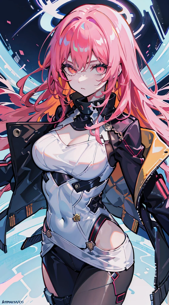 1girl, solo, long hair, light pink hair, (orange eyes), straight face, office background, black slutty military uniform, beret, huge breasts, skindentation, cleavage, thick thighs, provocative