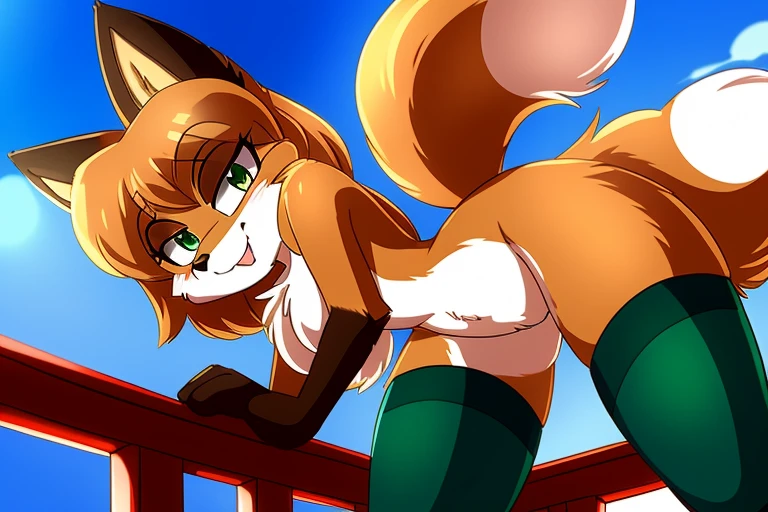Nervous smiling, uploaded the e621, simple background, beautiful and detailed, woman (((female))) ((anthro)) Fox, (Averi, Fox girl), cinematic lighting, Fox, (anthro, fluffy fur, character focus:1.1), 1girl, anthro fox girl, body fur, curvy, sexy, nice, cute, hot, smug, sassy, sassy hips, fangs, comfortable anime-style cartoon-style, digital drawing, (half-closed eyes), green eyes, SFW, low angle view, wearing striped thigh highs, striped thigh highs, bending over, leaning onto a railing