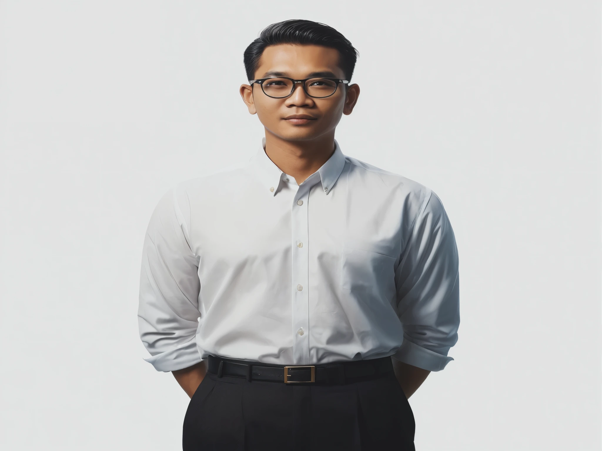 here is a indonesia man in a white shirt and black pants, wearing classic glasses, neat short hair