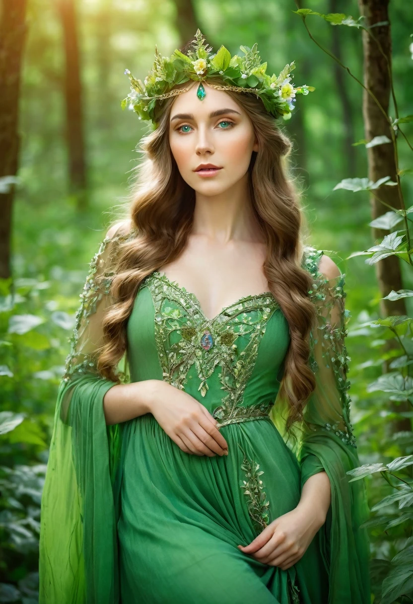 there is a woman dressed in a green dress with a crown of flowers on her head, beautiful young girl, fairy queen of the summer forest, beautiful young girl fantasy, beautiful elven princess, elven princess, beautiful fantasy portrait, pre-Raphaelite style, portrait of an elven queen, medieval princess, she has a crown of flowers, elven princess, pre-Raphaelite style