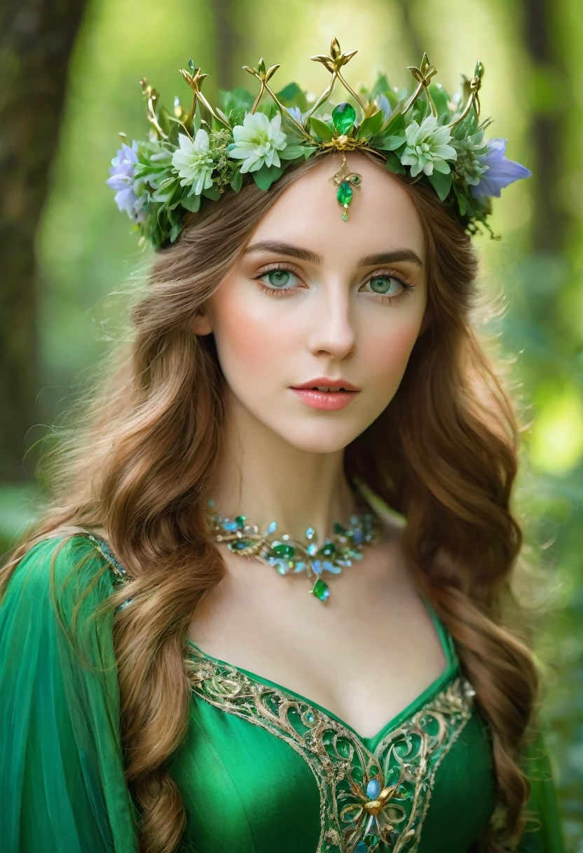 there is a woman dressed in a green dress with a crown of flowers on her head, beautiful young girl, fairy queen of the summer forest, beautiful young girl fantasy, beautiful elven princess, elven princess, beautiful fantasy portrait, pre-Raphaelite style, portrait of an elven queen, medieval princess, she has a crown of flowers, elven princess, pre-Raphaelite style