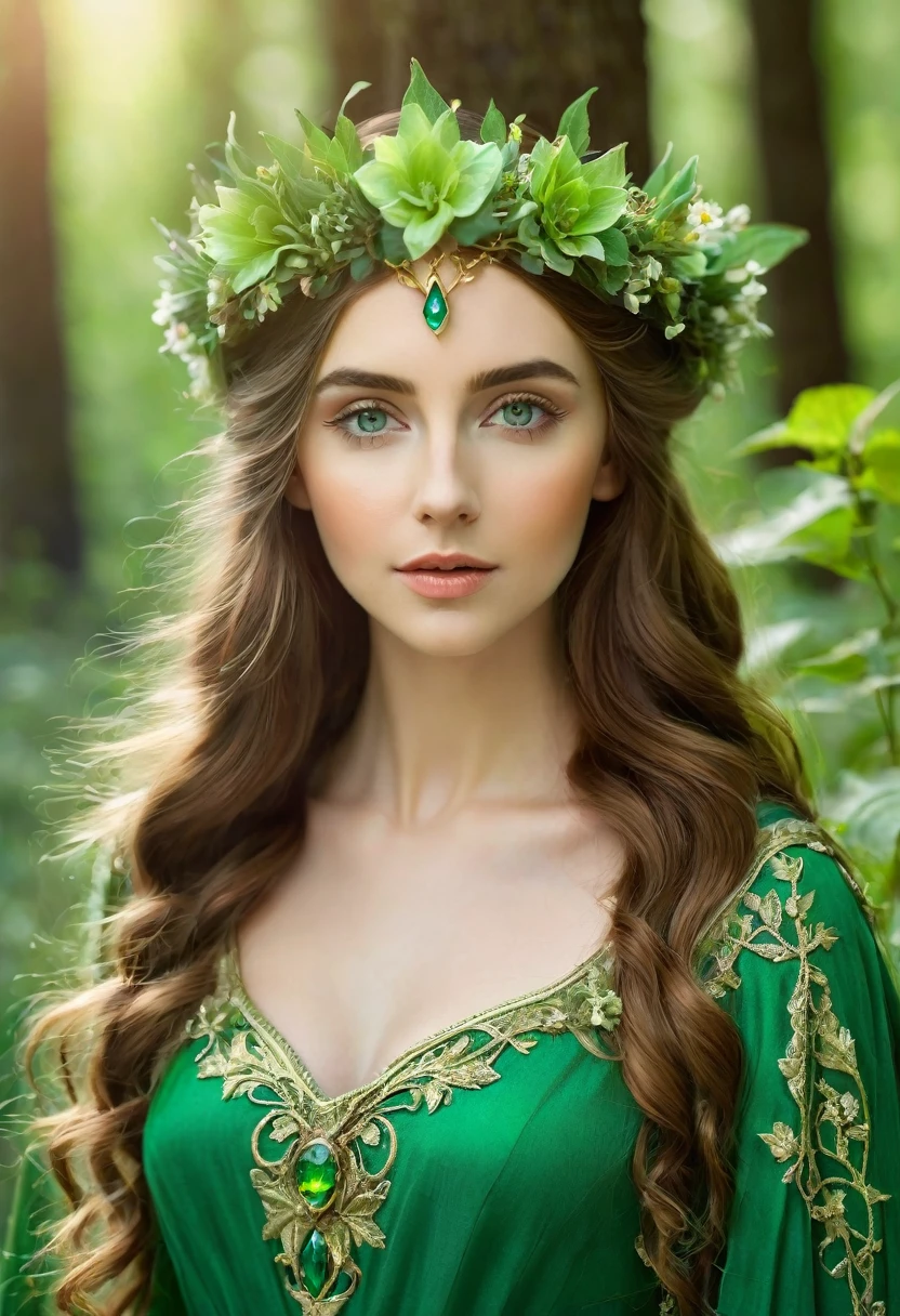 there is a woman dressed in a green dress with a crown of flowers on her head, beautiful young girl, fairy queen of the summer forest, beautiful young girl fantasy, beautiful elven princess, elven princess, beautiful fantasy portrait, pre-Raphaelite style, portrait of an elven queen, medieval princess, she has a crown of flowers, elven princess, pre-Raphaelite style