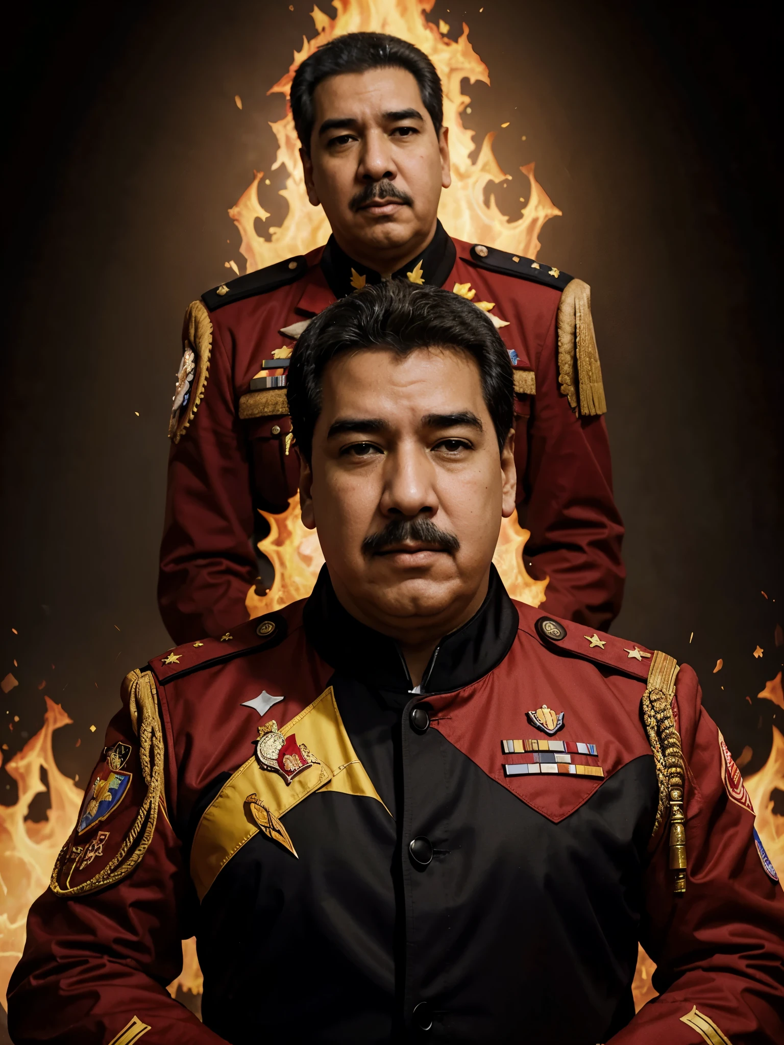 Mix the flames of the phoenix with President Nicolás Maduro Moros and the Bolivarian National Guard of Venezuela in a single super realistic image