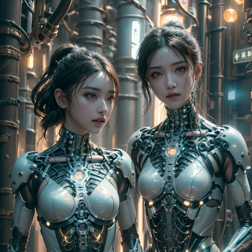 Top quality, masterpiece, Ultra-high resolution, ((Photorealistic: 1.4), raw photo, cyberpunk girl, shiny skin, mechanical girl, (Ultra realistic details)), Mechanical vertebrae attached to the spine, mechanical cervical fixation to the neck, small bright LED lamps, Global Illumination, deep shadows, octane rendering, 8K, ultra sharp, Metal, Intricate ornament details, Baroque details, Very intricate details, realistic light, Trend CGSoation, facing the camera, neon details, (In the Hot Summer Forest). high resolution, hyperrealism, VRAY,