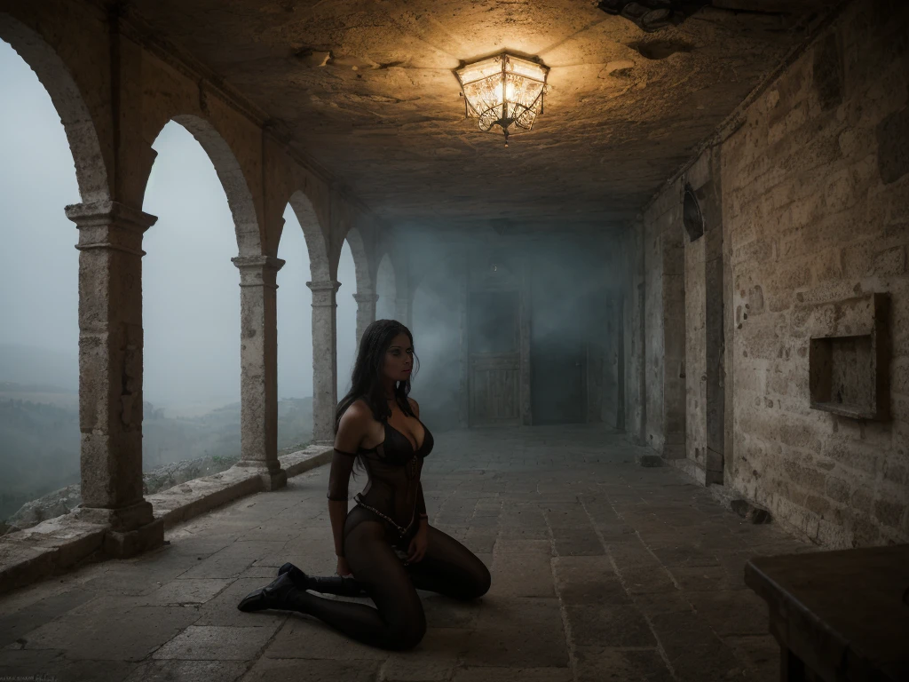 slave woman chained, sfw, ((sfw)), woman kneeling indoor in a room in a dungeon. portrait half body female Russian concubine with slim curvy body painting by gaston bussiere, greg rutkowski, yoji shinkawa, yoshitaka amano, tsutomu nihei, donato giancola, tim hildebrandt, oil on canvas, trending on artstation, featured on pixiv, cinematic composition, extreme detail, metahuman creator, Sassi di Matera, Italy. sassi_di_matera. The character is surrounded by mist, evoking a mysterious and eerie atmosphere. The lighting is dark and atmospheric, with a red smoke adding a touch of sinister ambiance. The image is of the best quality, with a resolution of 4k and HDR enhancement, showcasing the utmost level of detail and realism, sfw, full body shot.