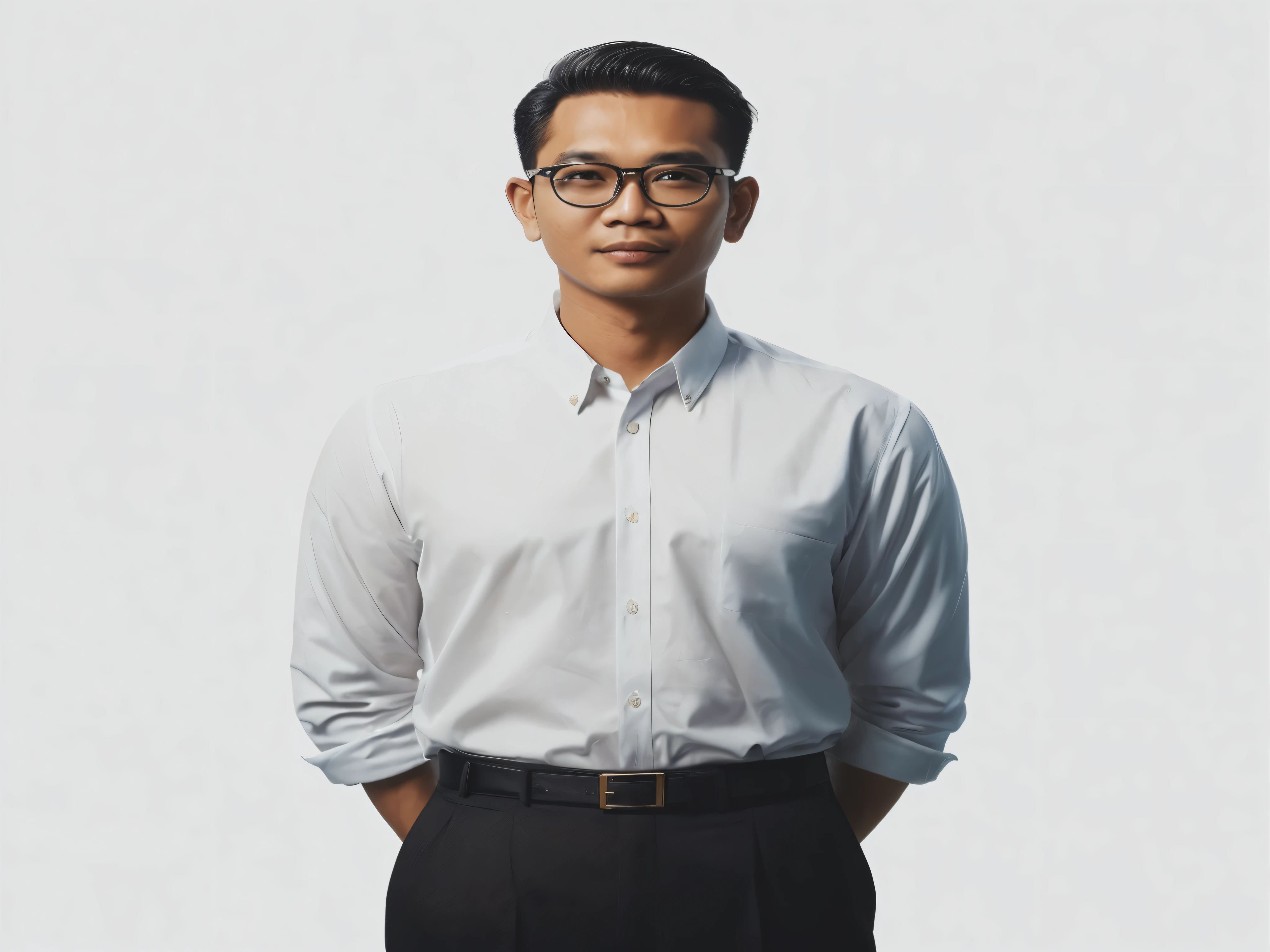 here is a indonesia man in a white shirt and black pants, wearing classic glasses, neat short hair