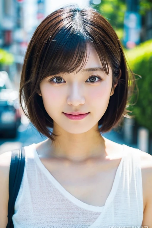 ((Photoreal)), 8K full-length portrait, (Beautiful woman), (Japanese woman), (detailed face), attractive look, Clear system, 21-year-old, Tokyo city, summer, for the background, short hair,