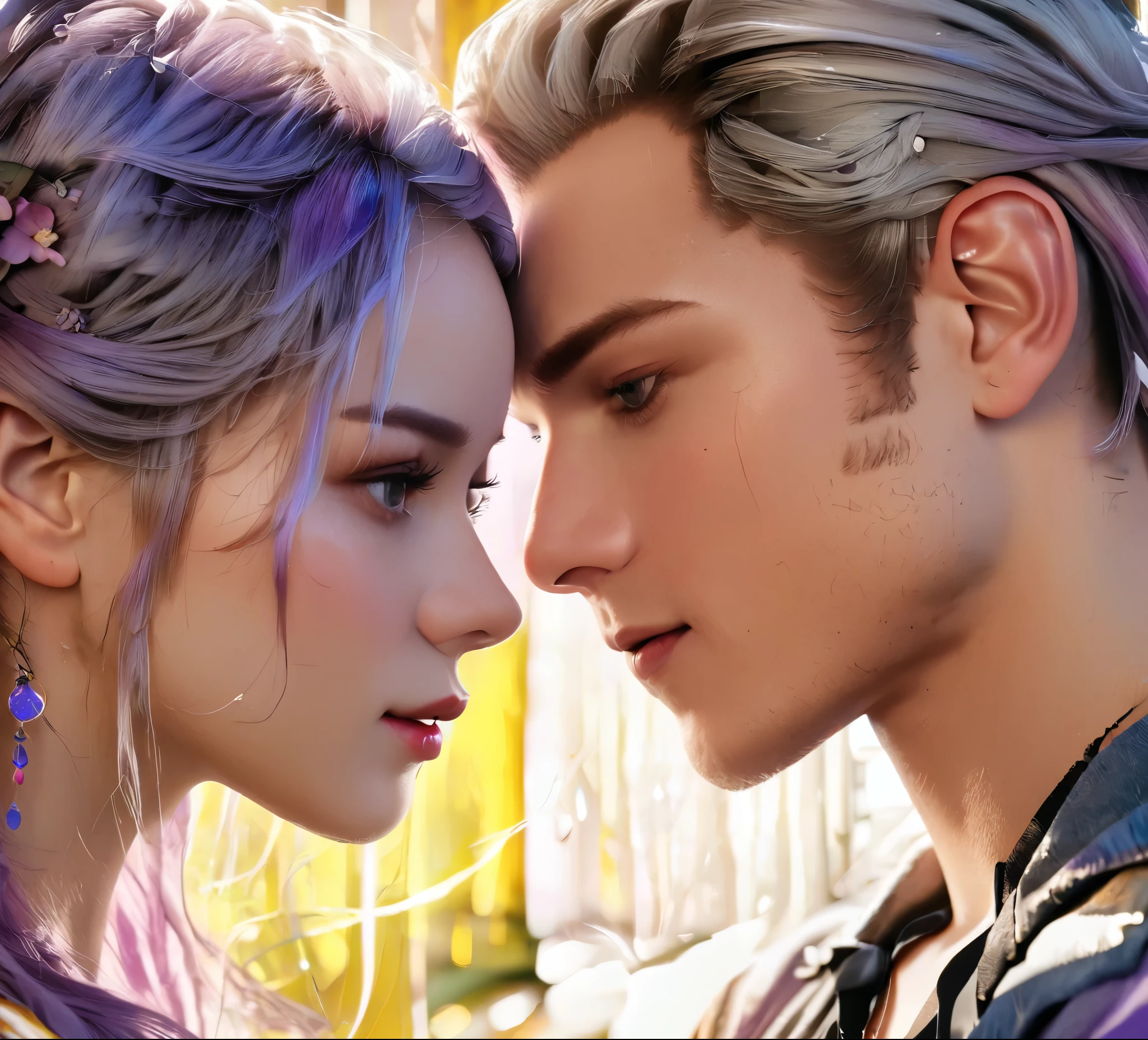 A man and (a woman with white and purple gradient hair), cuddling each other, gazing deeply into each other's eyes, romantic atmosphere, sunset background, dappled light and shadows, warm color palette, beautiful style, detailed eyes and expressions, love in the air Medium: Illustration Additional Details: Gentle smiles, soft and flowing clothing, tranquil setting Image Quality: (best quality,4k,8k,highres,masterpiece:1.2), ultra-detailed, (realistic,photorealistic,photo-realistic:1.37), HDR, studio lighting, extreme detail description, vivid colors Art Style: Portraits Color Palette: Warm tones Lighting: Soft sunset lighting