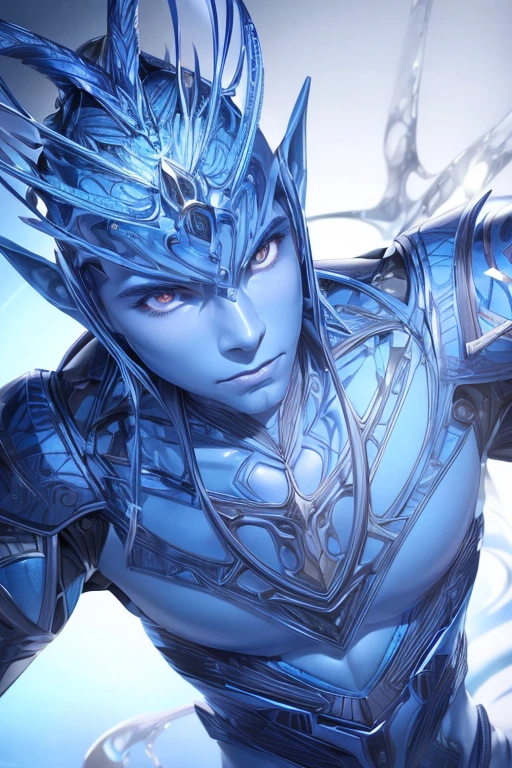Male, clean-shaven, Perfect detail, (cobalt blue-skin:1.3), (eyes anatomically correct), deep blue-skin, highly detailed eyes, 8k, elf, extreme realism, close up, realistic, misty background, extremely bright light, dynamic color background, blue skin