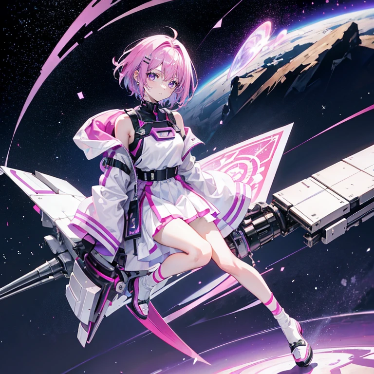 pink hair,purple eyes,short hair,sister head,earring ,Two black hairpins,girl,cute,,white shirt,skirt,Mechanical armor on shoulders,cloak,Wear shoes on your feet,Stand up exercise,whole body,Don't show your arms,The background is the port of the space station,Galactic universe