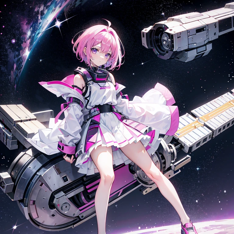 pink hair，purple eyes，short hair，sister head，earring ，Two black hairpins，girl，cute，，white shirt，skirt，Mechanical armor on shoulders，cloak，Wear shoes on your feet，Stand up exercise，whole body，Don't show your arms，The background is the port of the space station，Galactic universe