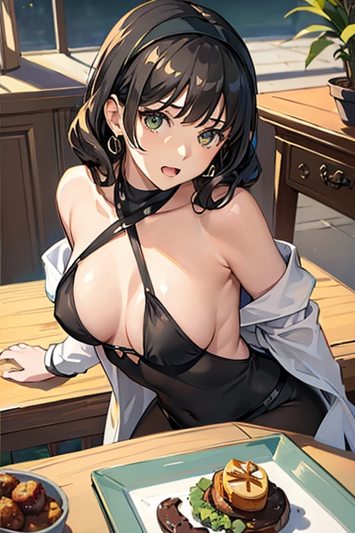 (from above:1.0),(from side:0.9),masterpiece, 1girl, Amazing Cleavage:1.1, thin waist, big ass, Raised sexy, small breast: 1.3, posed cleavage:1.2、solo, looking at viewer, open mouth, have a cute grass of cute beergrass,black hair, dark green eyes, dress, bare shoulders, jewelry, collarbone, sidelocks, hairband, earrings, indoors, off shoulder, :o, sweater, arms behind back, plant, short hair with long locks, gild hairband, off-shoulder dress, sweater dress, off-shoulder sweater, red sweater, dark gord hair, big side hair, very long side hair,is rendered in (masterpiece: 1.2, best quality), with (ultra high resolution) and an exquisite (depth of field). This masterpiece is not only visually stunning but also tells,A scene of cooking in the kitchen by classroom