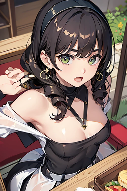 (from above:1.0),(from side:0.9),masterpiece, 1girl, Amazing Cleavage:1.1, thin waist, big ass, Raised sexy, small breast: 1.3, posed cleavage:1.2、solo, looking at viewer, open mouth, have a cute grass of cute beergrass,black hair, dark green eyes, dress, bare shoulders, jewelry, collarbone, sidelocks, hairband, earrings, indoors, off shoulder, :o, sweater, arms behind back, plant, short hair with long locks, gild hairband, off-shoulder dress, sweater dress, off-shoulder sweater, red sweater, dark gord hair, big side hair, very long side hair,is rendered in (masterpiece: 1.2, best quality), with (ultra high resolution) and an exquisite (depth of field). This masterpiece is not only visually stunning but also tells,A scene of cooking in the kitchen by classroom 