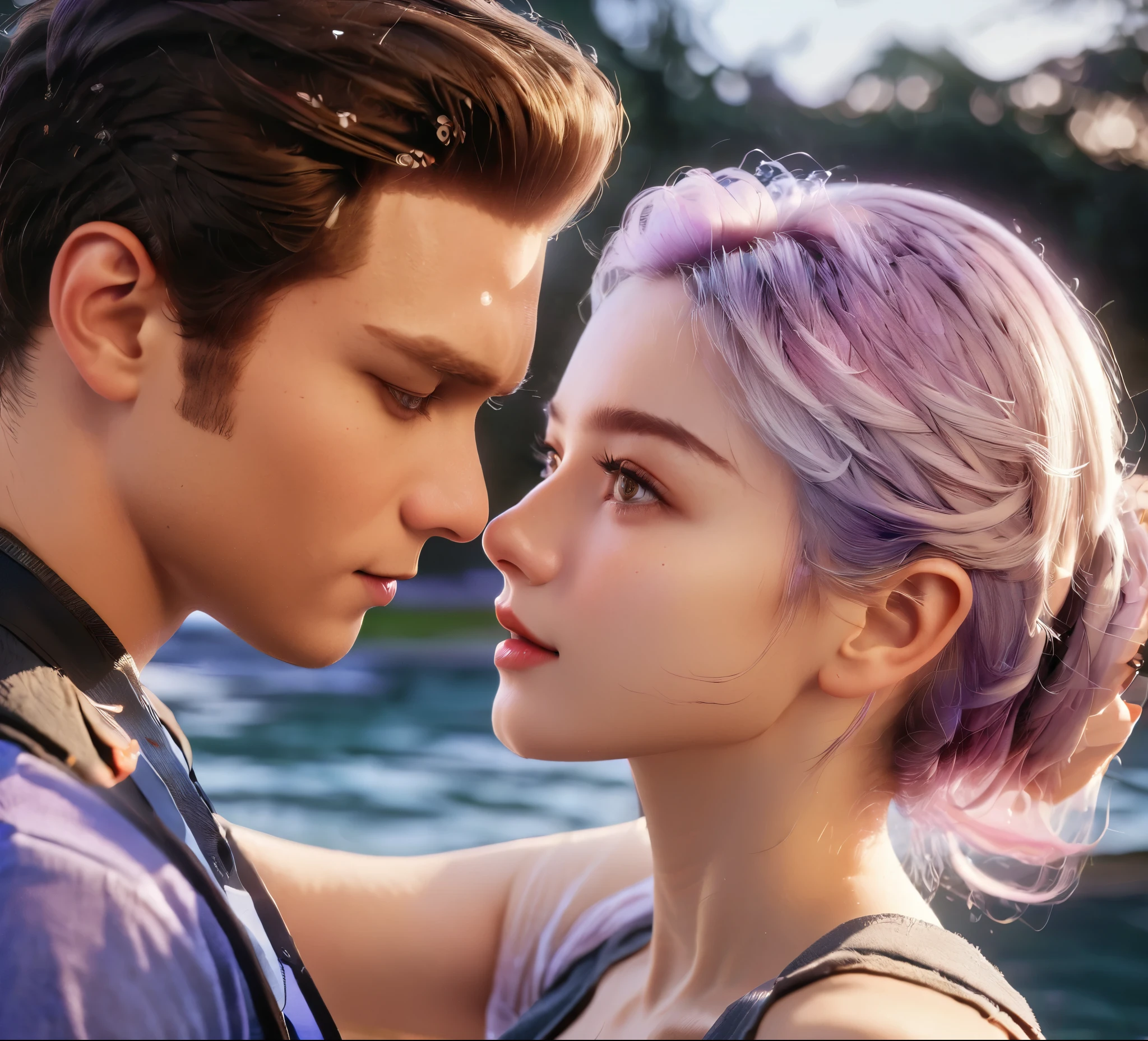 A man and (a woman with white and purple gradient hair), cuddling each other, gazing deeply into each other's eyes, romantic atmosphere, sunset background, dappled light and shadows, warm color palette, beautiful style, detailed eyes and expressions, love in the air Medium: Illustration Additional Details: Gentle smiles, soft and flowing clothing, tranquil setting Image Quality: (best quality,4k,8k,highres,masterpiece:1.2), ultra-detailed, (realistic,photorealistic,photo-realistic:1.37), HDR, studio lighting, extreme detail description, vivid colors Art Style: Portraits Color Palette: Warm tones Lighting: Soft sunset lighting