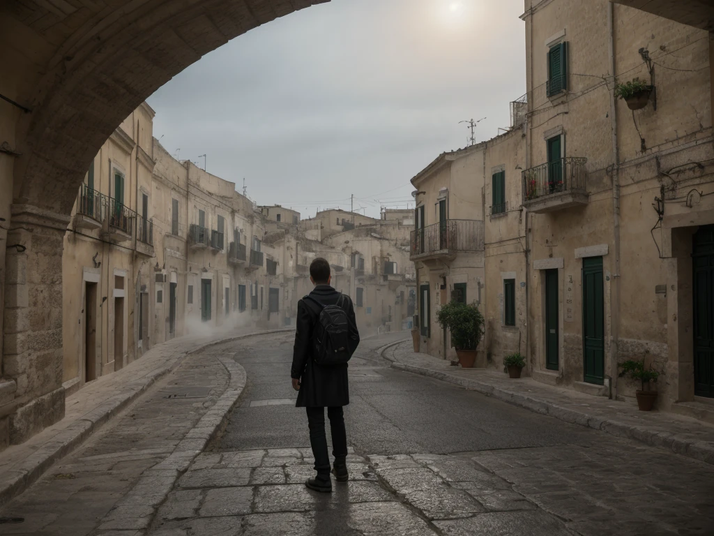 Sassi di Matera, Italy. sassi_di_matera. Outdoor in streets of Matera. The character is surrounded by mist, evoking a mysterious and eerie atmosphere. The lighting is dark and atmospheric, with a red smoke adding a touch of sinister ambiance. The image is of the best quality, with a resolution of 4k and HDR enhancement, showcasing the utmost level of detail and realism, nsfw, full body shot. [[YES SFW]], sofiax waiting.