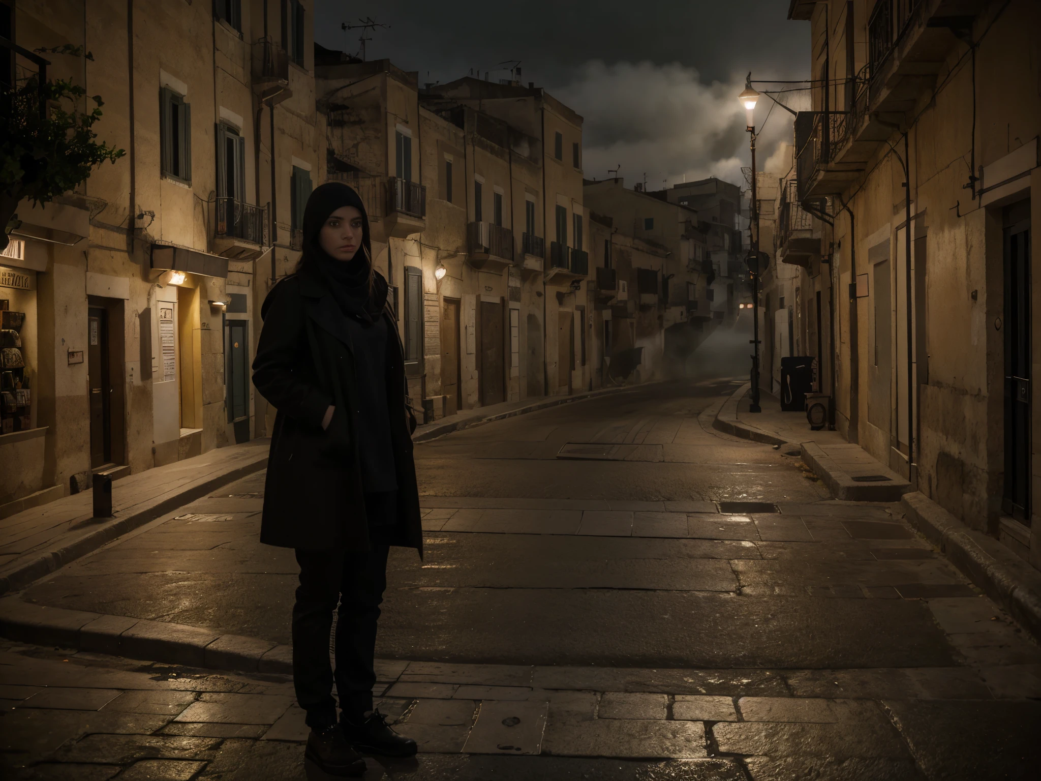 Sassi di Matera, Italy. sassi_di_matera. Outdoor in streets of Matera. The character is surrounded by mist, evoking a mysterious and eerie atmosphere. The lighting is dark and atmospheric, with a red smoke adding a touch of sinister ambiance. The image is of the best quality, with a resolution of 4k and HDR enhancement, showcasing the utmost level of detail and realism, nsfw, full body shot. [[YES SFW]], sofiax waiting.