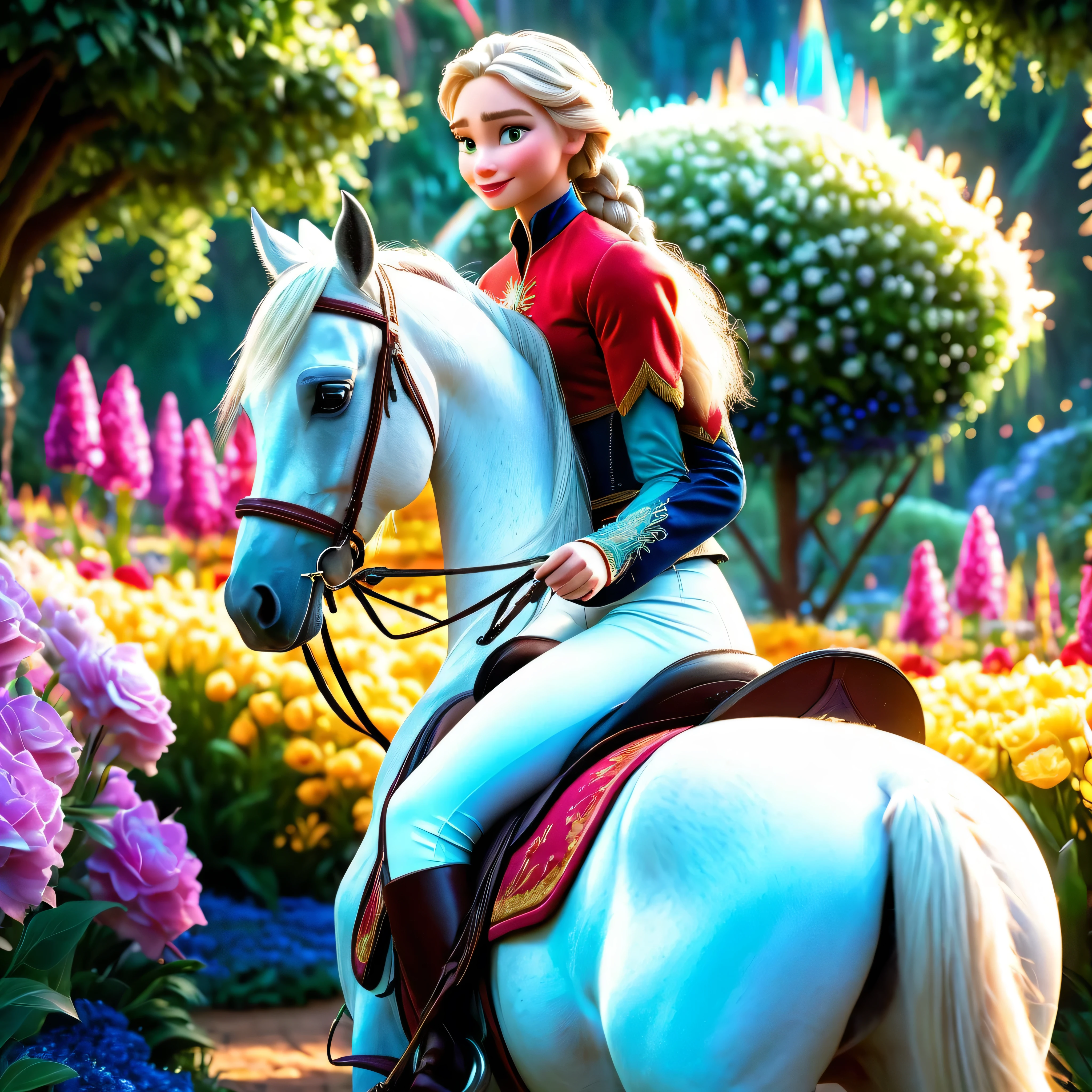 A girl riding a horse, with Elsa from "Frozen 2" as the main subject. The girl has beautiful detailed eyes, white leggings,beautiful detailed lips, and an extremely detailed face. Her eyelashes are long. The horse is majestic and powerful. The scene is set in a garden with vibrant flowers and lush greenery. The lighting is soft and warm, creating a magical atmosphere. The artwork is rendered in a Pixar style, with vivid colors and sharp focus. stunning dream vibrant DSLR colorful epic tmasterpiece extremely symmetrical meticulously intricate detailed ultra_high-resolution 128K XT3 ultra_high-definition ultra_high-quality, saturate, reflection, epic micro ultra high-details, raw, nsfw, varies, multi, etc. --v 6 --s 1000 --c 20 --q 5 --chaos 100