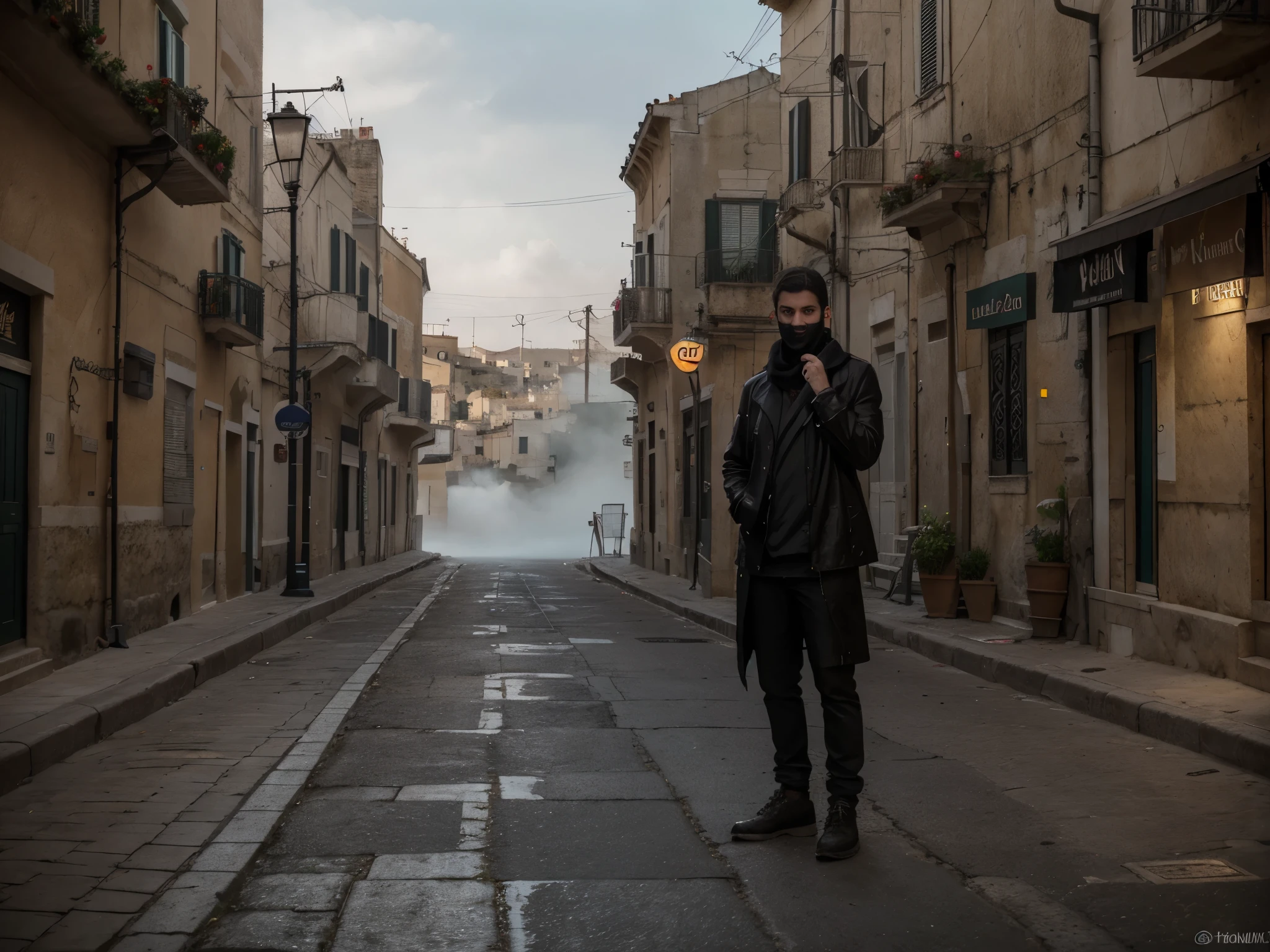 Sassi di Matera, Italy. sassi_di_matera. Outdoor in streets of Matera. The character is surrounded by mist, evoking a mysterious and eerie atmosphere. The lighting is dark and atmospheric, with a red smoke adding a touch of sinister ambiance. The image is of the best quality, with a resolution of 4k and HDR enhancement, showcasing the utmost level of detail and realism, nsfw, full body shot. [[YES SFW]], sofiax waiting.