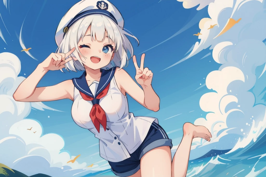 (masterpiece, best quality),  intricate details, best quality,masterpiece,highres, female, 1 woman, Detailed woman with pale skin, bob-cut white hair, female, cute bob-cut hair, white hair, blue eyes, one piece marine outfit, white cap, white sleeveless button-up shirt, navy shorts, blue neckerchief, beautiful, large breasts, happy, playful, peace symbol with fingers, eye winking, one eye closed dynamic jumping