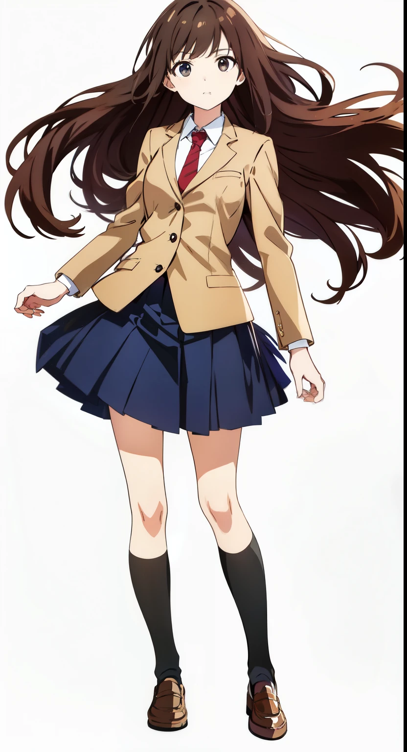 (white background:1.2), (best quality:1.2), (masterpiece:1.2), (full body:1.0), (solo:1.0), (a 17yo girl:1.0), (long skirt:1.05), (dark blue skirt:1.0), (pleated skirt:1.0), (school uniform beige blazer:1.1), (red necktie:1.0), (black socks:1.0), (loafers:1.0), (tall:1.2), (slender:1.2), (small breasts:1.2), (detailed beautiful eyes:1.0), (detailed beautiful face:1.0), (glowing black eyes:1.0), (long hair:1.0), (strait hair:1.0), (brown hair:1.0), (dynamic pose:1.3), (wind:1.3)