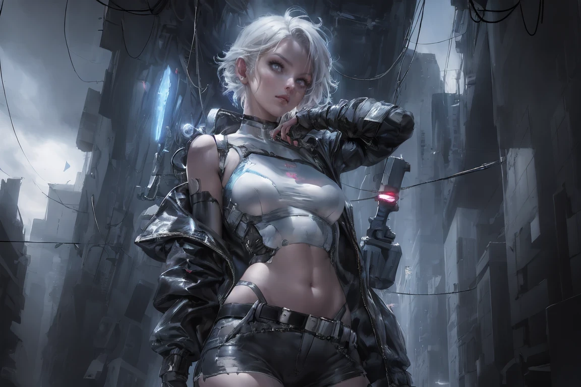 lucy \(cyberpunk\), 1girl, arm up, asymmetrical hair, belt, bodysuit, covered mouth, covered navel, detached sleeves, grey eyes, hip vent, holding, holding weapon, looking at viewer, night, night sky, pouch, short hair, sky, solo, weapon, white hair, wire, short shorts, shorts, open jacket,