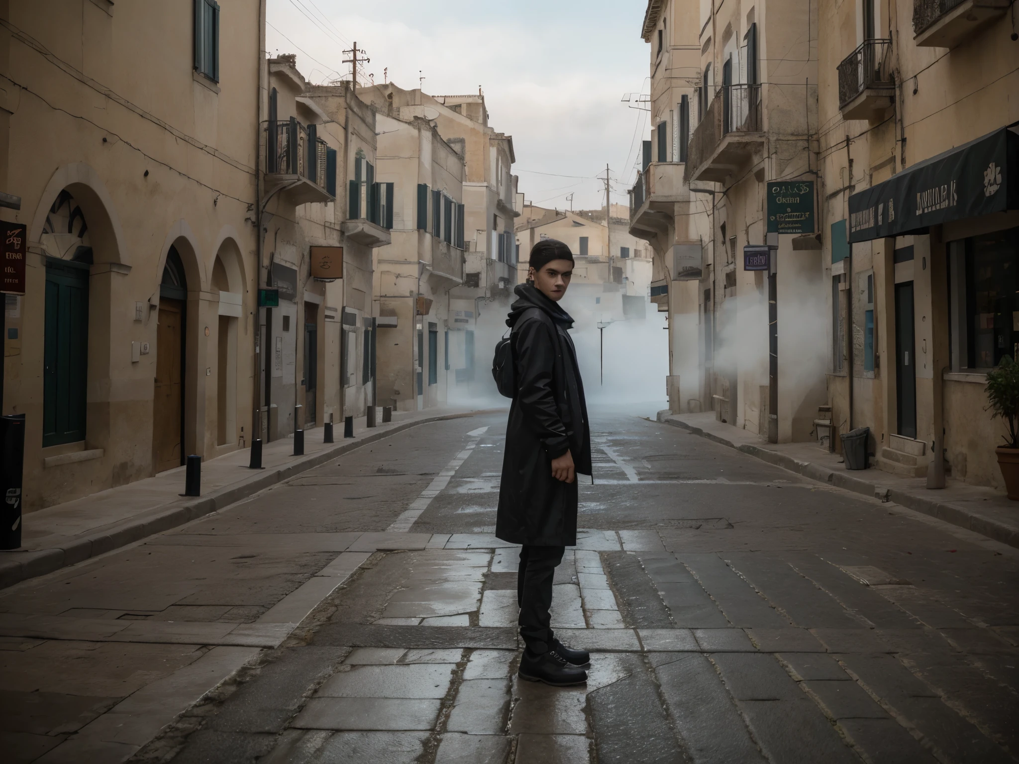 Sassi di Matera, Italy. sassi_di_matera. Outdoor in streets of Matera. The character is surrounded by mist, evoking a mysterious and eerie atmosphere. The lighting is dark and atmospheric, with a red smoke adding a touch of sinister ambiance. The image is of the best quality, with a resolution of 4k and HDR enhancement, showcasing the utmost level of detail and realism, nsfw, full body shot. [[YES SFW]], sofiax waiting.