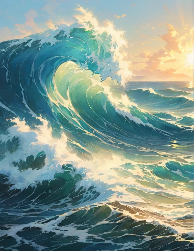 masterpiece, best quality, official art, painting, 2D icon of ocean waves, medieval fantasy art style, simple light background, 8k, zoomed out