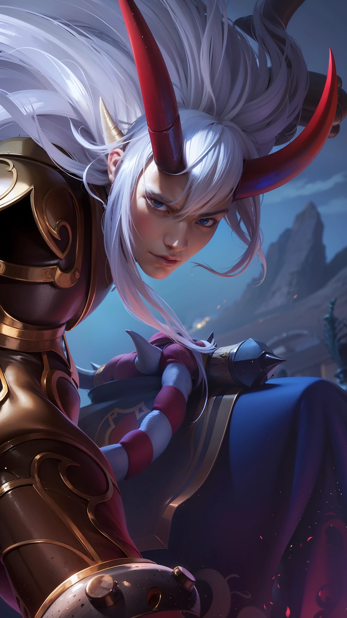 arafed image of a male character with a horned head and a sword, a male with white long hair, Best quality, masterpiece, detailed skin texture, detailed clothes texture, detailed face, super detailed, 8k, intricate detail, The color doesn't change, Muscle guy, 1 male, angry, sharp eyes, light white eyes, elf ear.