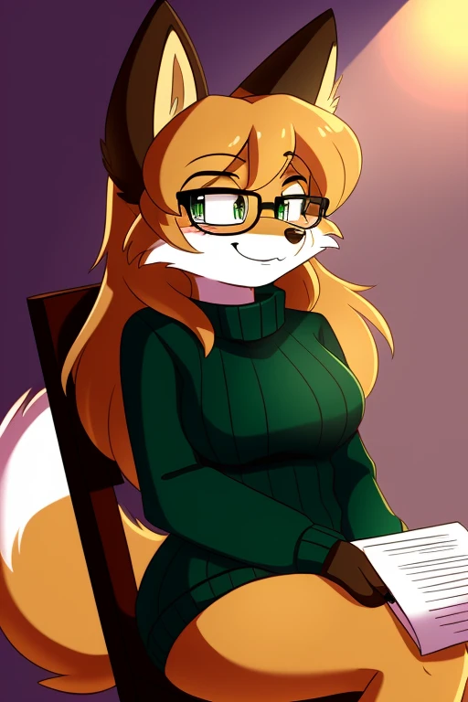 Nervous smiling, uploaded the e621, simple background, beautiful and detailed, woman (((female))) ((anthro)) Fox, (Averi, Fox girl), cinematic lighting, Fox, (anthro, fluffy fur, character focus:1.1), 1girl, anthro fox girl, body fur, curvy, sexy, nice, cute, hot, comfortable anime-style cartoon-style, digital drawing, (half-closed eyes), green eyes, SFW, chair, sitting on a chair, green sweater, wearing a green sweater, wearing glasses, holding pen and paper