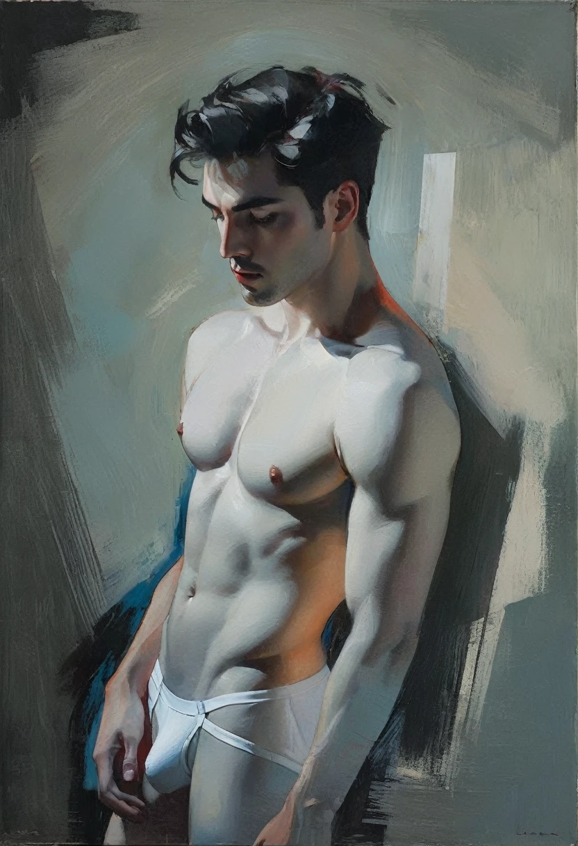 chiaroscuro technique on sensual illustration of an arafed man in white underwear, sexy masculine, diego fazio, male model, by Ludovit Fulla, model with attractive body, inspired by Ludovit Fulla, mid-shot of a hunky, the model draped in flowing, thick oil painting by Harumi Hironaka, extremely soft colors, vibrant, highly detailed, malcolm liepke painting, oil on canvas, high contrast, dramatic, refined, tonal, Create high contrast between light and shadow fire around, there is a red circle on a blue and red square, inspired by Bauhaus, in a shapes background, brown red blue, circle forms, red blue, by Leon Polk Smith, memphis abstract minimal art, graphic shapes, minimal art, blue and red, minimal art style, bauhaus art, inspired by El Lissitzky, bold simple shapes