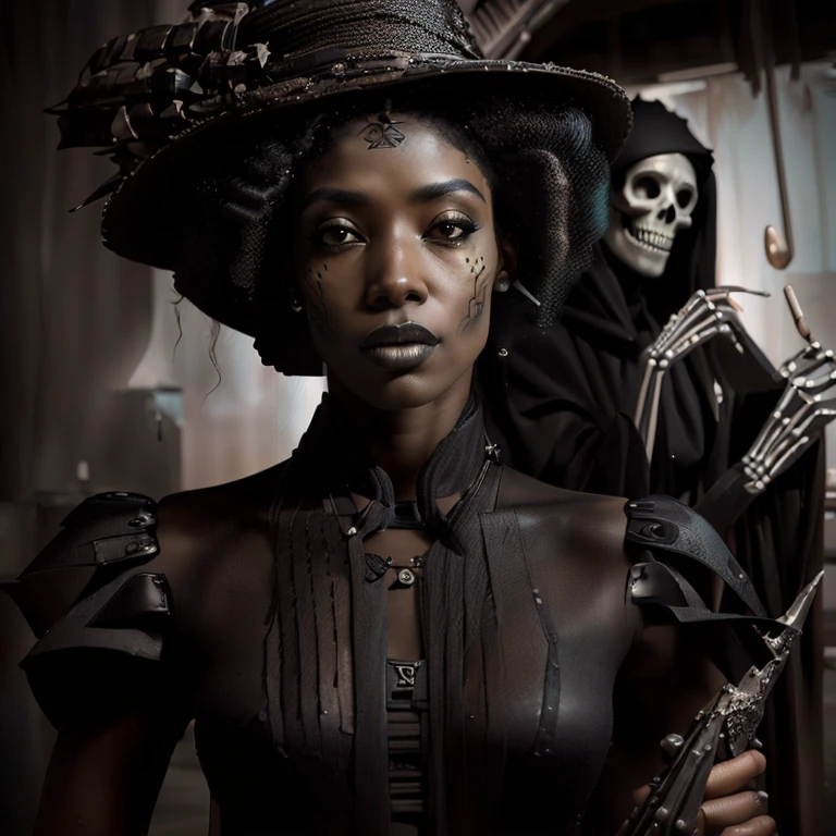 blurred image of a woman in a hat and a skeleton in a black dress, fantasia sombria misturada com realismo, deusa da morte in a graveyard, deusa da morte, southern gothic art, classic witch, mulher negra, bruxa escura elegante, assustadora rainha da morte, photo of a mulher negra, artistic style tom bagshaw, beautiful female scary witch, mulher bruxa