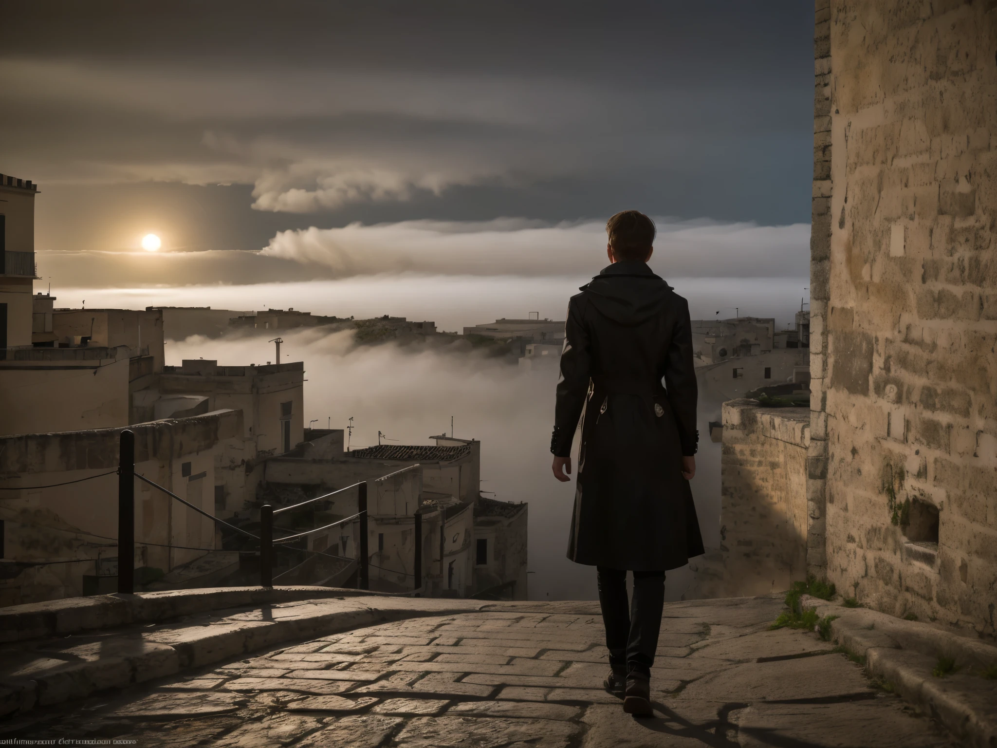 Sassi di Matera, Italy. sassi_di_matera. Outdoor in streets of Matera. The character is surrounded by mist, evoking a mysterious and eerie atmosphere. The lighting is dark and atmospheric, with a red smoke adding a touch of sinister ambiance. The image is of the best quality, with a resolution of 4k and HDR enhancement, showcasing the utmost level of detail and realism, nsfw, full body shot. [[YES SFW]], sofiax waiting.