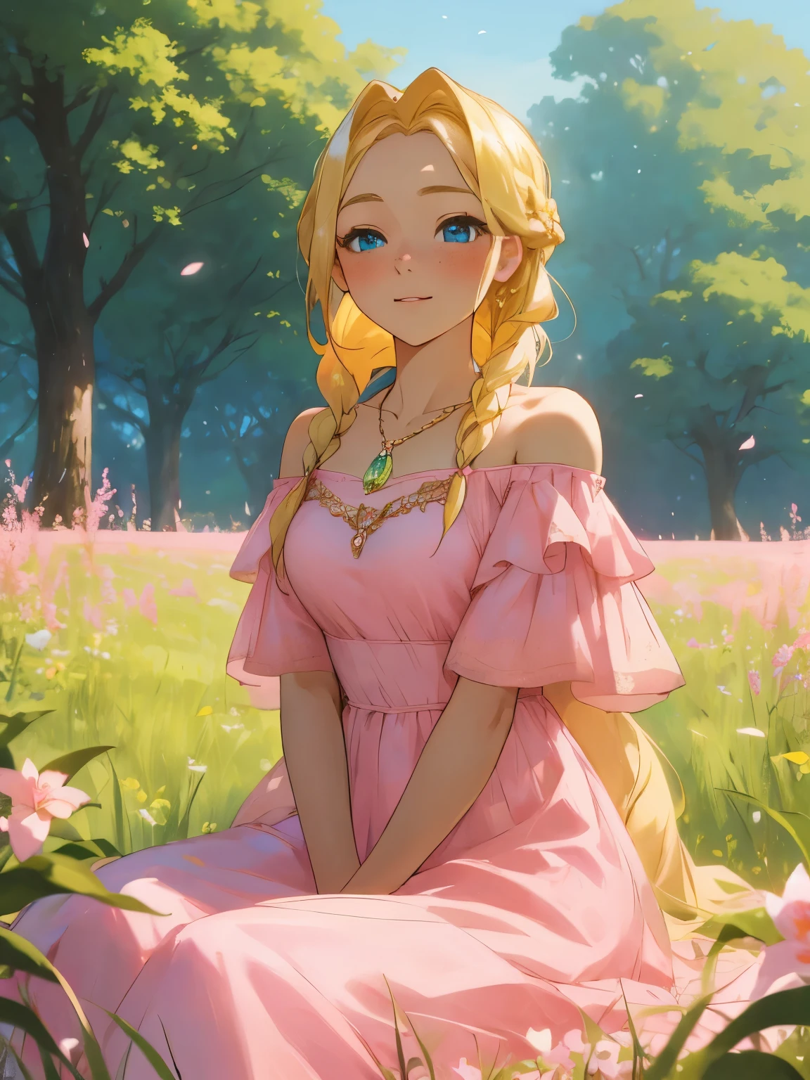 (masterpiece, best quality),1girl with braided blonde hair sitting in a field of green plants and flowers, woman with blonde hair and freckles is under a old tree, woman with a french braid, braided hair, one braid, woman sitting poses, woman in a pink beautiful dress, noble dress, womans face with freckles, off-the-shoulder pink dress, cute blonde braid, in the background is a flower tree, a meadow with flowers, many beauitiful green trees, pink princess dress, blue eyes, beautiful sky, beautiful womans face, adult, off-the-shoulder pink dress with a neckline, forest scene, light particles, fantasy, pink princess dress, golden necklace with a blue crystal, woman with golden accesoirs, adult womans face, young woman sitting poses, beautiful womans arms and hands