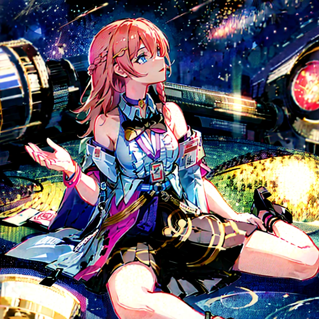 1girll, ova \(Honkai: star rail\), Detached sleeves, High heels, high waisted skirt, Sleeveless shirt, ID cards, overskirt, anklet, thigh band, Bracelet, Hairpin, belt, neck bowtie, choker necklace, Starry sky, Sitting, yokozuwari, Looking up, meteors, Outdoors, Depth of field, (Extremely detailed Cg Unity 8K wallpaper,Masterpiece, Best quality, Ultra-detailed, Beautiful detailed eyes:1.2)