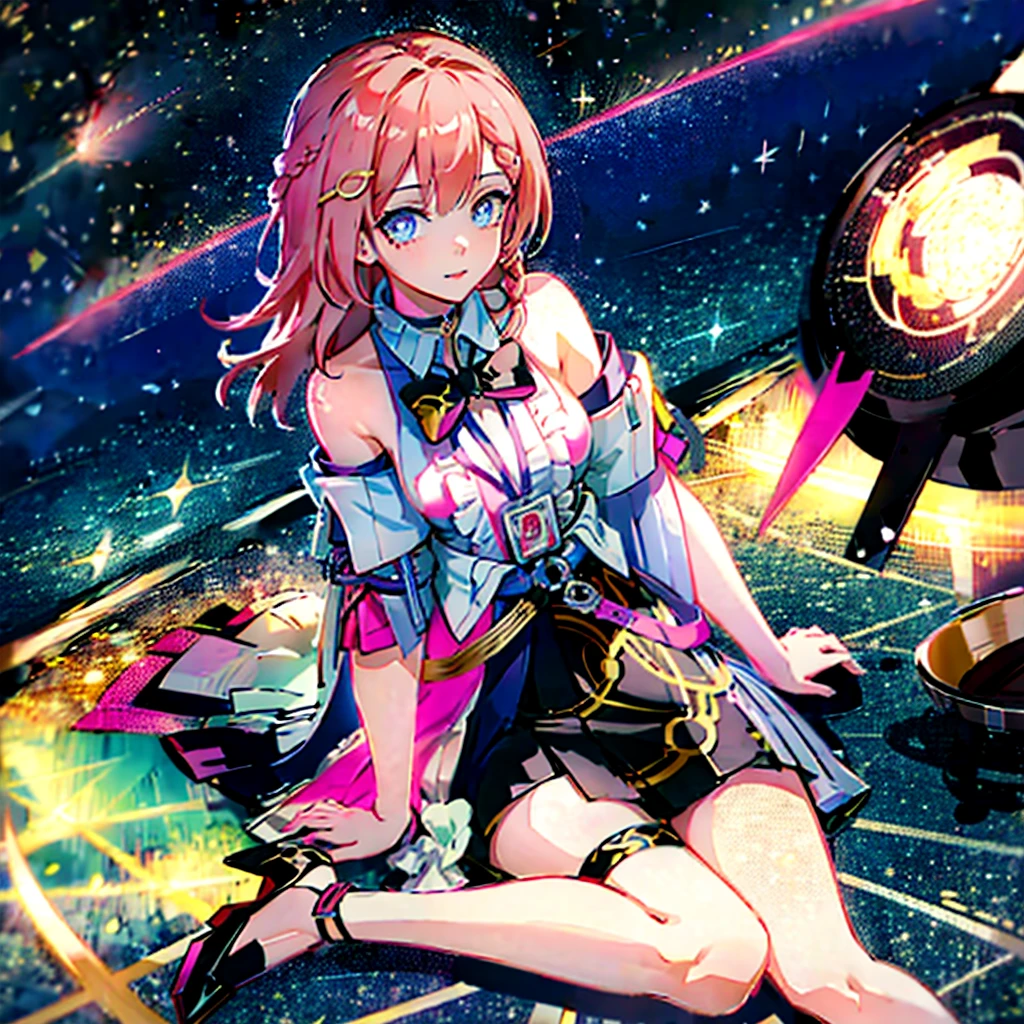 1girll, ova \(Honkai: star rail\), Detached sleeves, High heels, high waisted skirt, Sleeveless shirt, ID cards, overskirt, anklet, thigh band, Bracelet, Hairpin, belt, neck bowtie, choker necklace, Starry sky, Sitting, yokozuwari, Looking up, meteors, Outdoors, Depth of field, (Extremely detailed Cg Unity 8K wallpaper,Masterpiece, Best quality, Ultra-detailed, Beautiful detailed eyes:1.2)