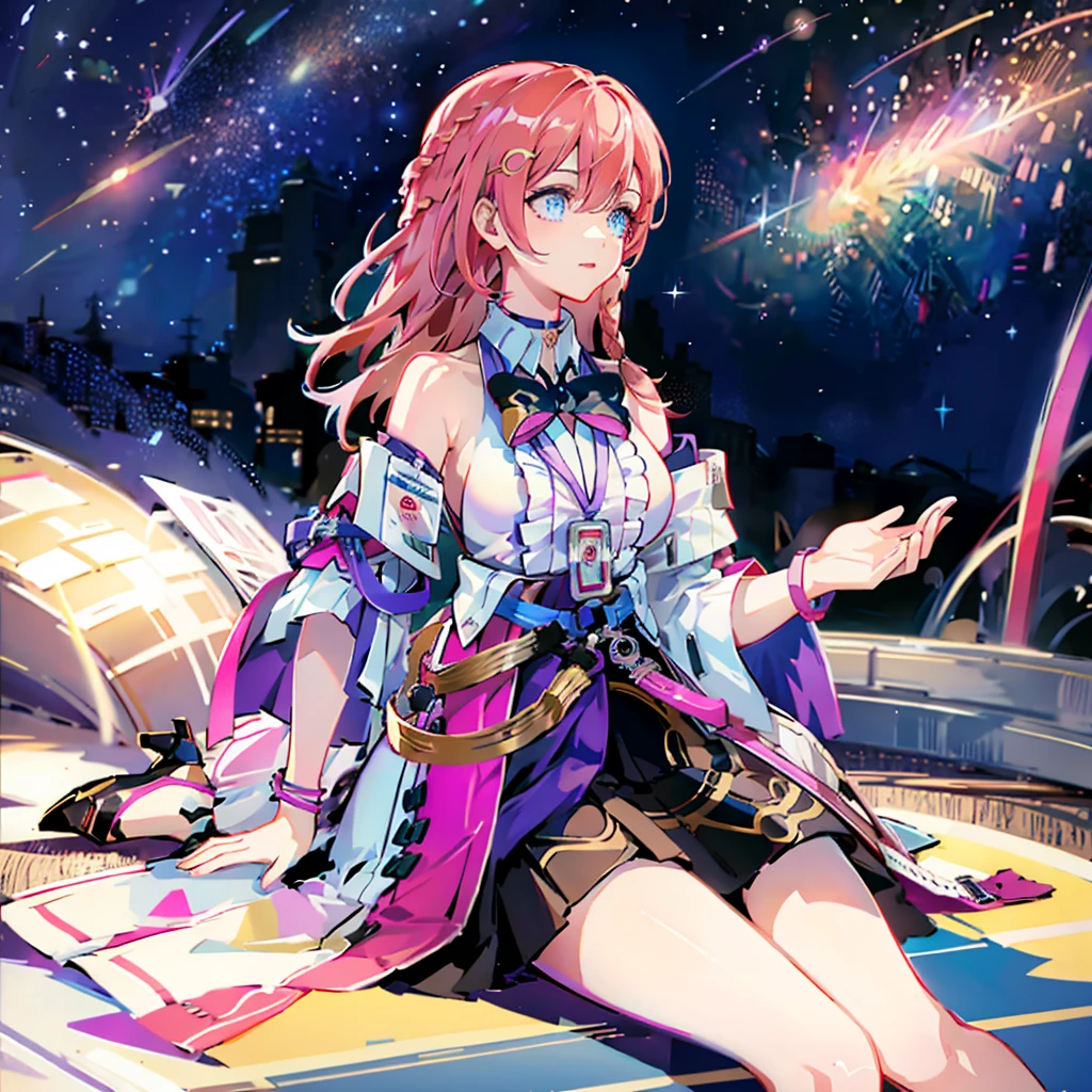 1girll, ova \(Honkai: star rail\), Detached sleeves, High heels, high waisted skirt, Sleeveless shirt, ID cards, overskirt, anklet, thigh band, Bracelet, Hairpin, belt, neck bowtie, choker necklace, Starry sky, Sitting, yokozuwari, Looking up, meteors, Outdoors, Depth of field, (Extremely detailed Cg Unity 8K wallpaper,Masterpiece, Best quality, Ultra-detailed, Beautiful detailed eyes:1.2)