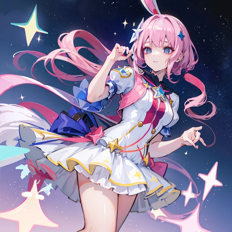 Ilustra al personaje animado Sparkle del juego honkai Star rail vistiendo un uniforme escolar