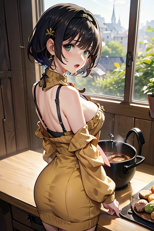 (from above:1.0),(from side:0.9),masterpiece, 1girl, Amazing Cleavage:1.1, thin waist, big ass, Raised sexy, small breast: 1.3, posed cleavage:1.2、solo, looking at viewer, open mouth, have a cute grass of cute beergrass,black hair, dark green eyes, dress, bare shoulders, jewelry, collarbone, sidelocks, hairband, earrings, indoors, off shoulder, :o, sweater, arms behind back, plant, short hair with long locks, gild hairband, off-shoulder dress, sweater dress, off-shoulder sweater, red sweater, dark gord hair, big side hair, very long side hair,is rendered in (masterpiece: 1.2, best quality), with (ultra high resolution) and an exquisite (depth of field). This masterpiece is not only visually stunning but also tells,A scene of cooking in the kitchen by classroom