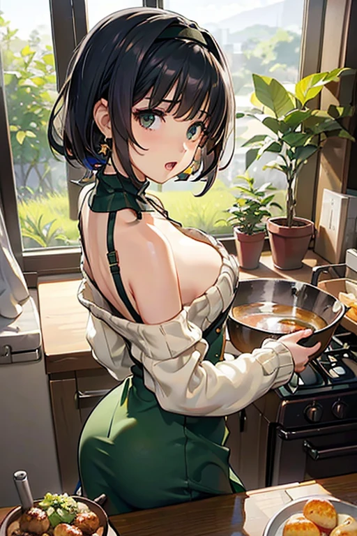 (from above:1.0),(from side:0.9),masterpiece, 1girl, Amazing Cleavage:1.1, thin waist, big ass, Raised sexy, small breast: 1.3, posed cleavage:1.2、solo, looking at viewer, open mouth, have a cute grass of cute beergrass,black hair, dark green eyes, dress, bare shoulders, jewelry, collarbone, sidelocks, hairband, earrings, indoors, off shoulder, :o, sweater, arms behind back, plant, short hair with long locks, gild hairband, off-shoulder dress, sweater dress, off-shoulder sweater, red sweater, dark gord hair, big side hair, very long side hair,is rendered in (masterpiece: 1.2, best quality), with (ultra high resolution) and an exquisite (depth of field). This masterpiece is not only visually stunning but also tells,A scene of cooking in the kitchen by classroom 
