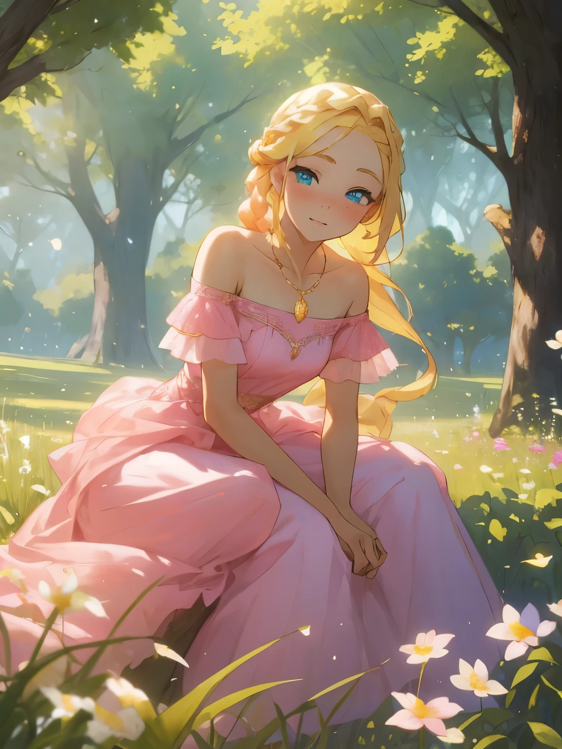 (masterpiece, best quality),1girl with braided blonde hair sitting in a field of green plants and flowers, woman with blonde hair and freckles is under a old tree, woman with a french braid, braided hair, one braid, woman sitting poses, woman in a pink beautiful dress, noble dress, womans face with freckles, off-the-shoulder pink dress, cute blonde braid, in the background is a flower tree, a meadow with flowers, many beauitiful green trees, pink princess dress, blue eyes, beautiful sky, beautiful womans face, adult, off-the-shoulder pink dress with a neckline, forest scene, light particles, fantasy, pink princess dress, golden necklace with a blue crystal, woman with golden accesoirs, adult womans face, young woman sitting poses, beautiful womans arms and hands